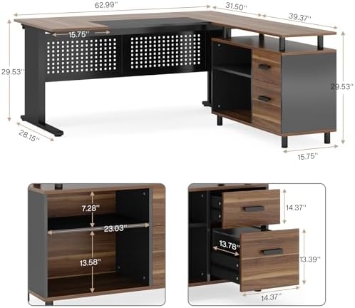 Tribesigns 63 Inch Executive Desk with File Cabinet, Large Office Desk L Shaped Computer Desk with Drawers and Storage Shelves, Business Furniture Desk Workstation for Home Office, Brown and Black - Image 2
