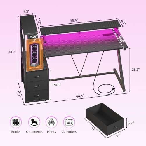Gaming Desk with LED Lights & Power Outlet, 44.5 Inch Z Shaped Office PC Computer Desk with 3 Fabric Drawers & Monitor Stand, Gamer Table with Storage Shelves for Bedroom, Office Carbon Fiber Black - Image 2