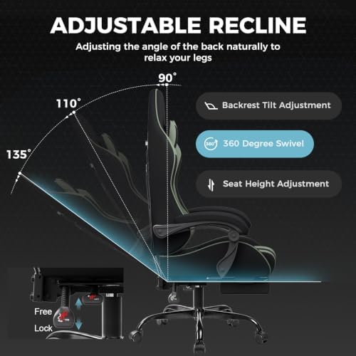 GTPLAYER Gaming Chair, Computer Chair with Footrest and Lumbar Support, Height Adjustable Game Chair with 360°-Swivel Seat and Headrest and for Office or Gaming (Green, Fabric) - Image 7
