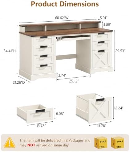 Vabches 60" Farmhouse Executive Desk with 8 Drawers, White and Brown - Image 2
