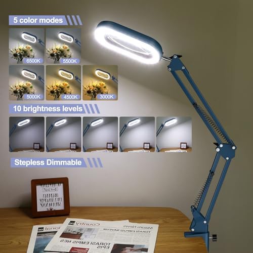 Drdefi 12X Square Magnifying Glass with Light and Stand, Real Glass LED Lighted Magnifier, 5 Color Modes Stepless Dimmable, Hands-Free Mag Desk Lamp with Clamp for Reading Craft Hobby Close Work Blue - Image 4