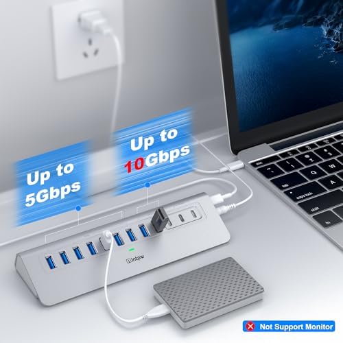 Powered USB Hub 10Gbps, intpw YH9AC 12 Port USB C Hub with 10Gbps USB C 3.2+2 USB A 3.2, 7 USB 3.0, 2 PD 45W Charging Port, 65W Power Adapter + 3.3FT Cable, Aluminum USB Hub for PC/Laptop/iPhone 17/16 - Image 3