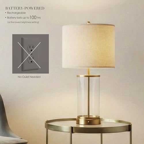 O’Bright Luma - Battery Powered Table Lamp, Cordless Glass Bedside Lamp with Rechargeable 10,000mAh Battery, Full Size 24 Inch Height, Touch Dimmer, Type-C Charging, Clear Glass Design, Antique Brass - Image 2