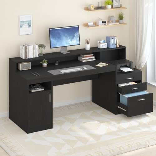 65" Black Computer Desk with 3 Drawers & Printer Shelf for Home Office - Image 3