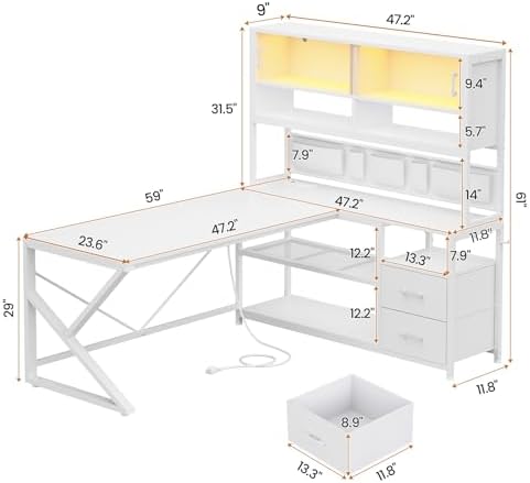 SEDETA L Shaped Gaming Desk with Storage Shelves, 2 Drawer, LED Light - Image 2