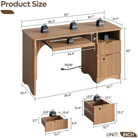 Bestier 55" Office Desk with Locking File Drawer & Charging, Brown - Image 3