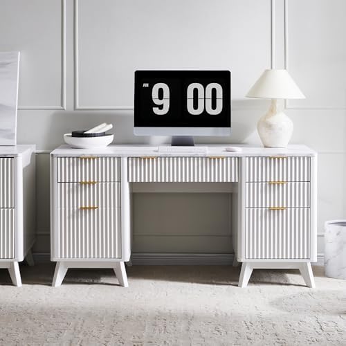 T4TREAM 60" Modern Fluted Executive Desk with Drawers, White - Image 7