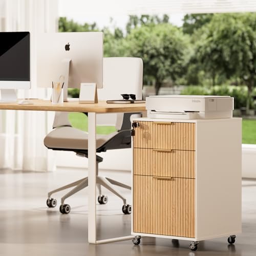 3 Drawers Fluted Mobile File Cabinet with Lock, Rolling File Cabinet Printer Stand Table, Under Desk Wooden Filing Cabinets for Home Office Essentials Storage Organization Furniture Letters/A4(Oak) - Image 6