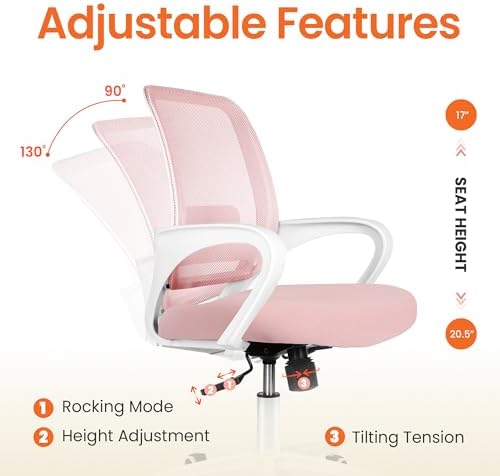 NEO CHAIR Home Office Desk Chair Ergonomic Mesh with Lumbar Support, Pink - Image 4