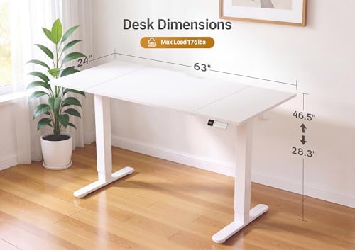 YDN Electric Standing Desk Adjustable Height, 63 x 24 Inches Sit Stand up Desk with Memory Presets & Cable Management, Home Office Desk for Office & Computer Workstation, White Frame/White Top - Image 3