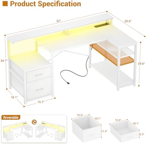Aheaplus L Shaped Desk with File Drawer, Reversible L Shaped Gaming Desk - Image 2