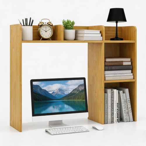 BECOMFORT Desk Hutch, Desk Organizer Shelf w/ 5 Storage Compartments, up to 27” Monitor, Wooden Display Rack, Desktop Bookshelf for Vanity Dressing Tabletop College Dorm Home & Office by BECOMFORT