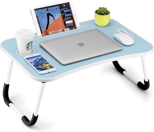 FISYOD Foldable Laptop Table, Portable Lap Desk Bed Table Tray, Laptop Stand with Cup Holder & Tablet Slot & Lifting Handle for Working Writing Drawing & Eating (Light Blue) by FISYOD