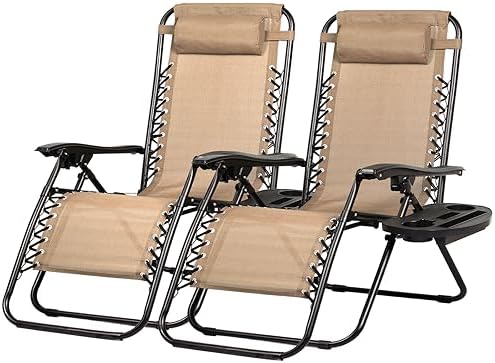 Nazhura Set of 2 Relaxing Recliners Patio Chairs Adjustable Steel Mesh Zero Gravity Lounge Chair Beach Chairs with Pillow and Cup Holder Khaki (Kahki) by NazhuraGoodCompanionAtHome