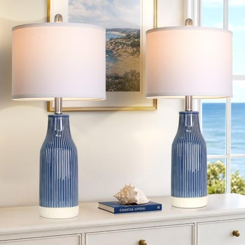 24.5" Blue Ceramic Table Lamps Set of 2 for Bedroom, Modern Table Lamps for Living Room End Table, Small Farmhouse Bedside Lamps for Nightstands (2 LED Bulbs Included) - Image 5