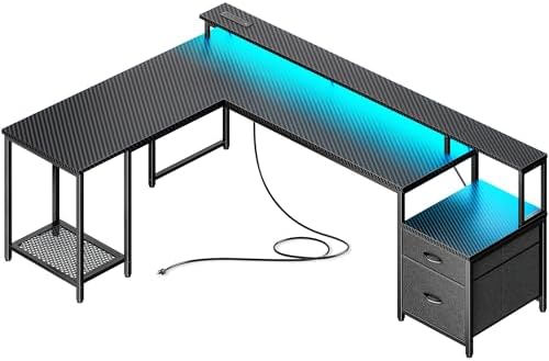 PRAISUN 66" L Shaped Gaming Desk with LED Lights & Power Outlets by PRAISUN