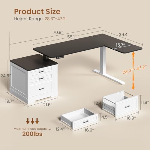 SEDETA Farmhouse L Shaped Electric Standing Desk, 70.9" x 39.4" Height Adjustable Office Executive Desk with 3 Drawers, Standing Computer Desks with Power Outlet for Home Office, White - Image 2