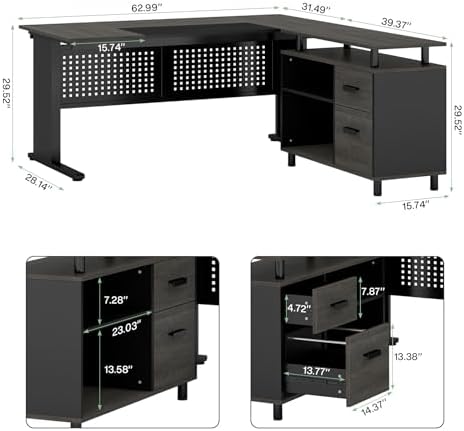 Tribesigns 63 Inch Executive Desk with File Cabinet, L Shaped Office Desk with Drawers and Storage Shelves, Business Furniture Set Workstation for Home Office, Gray and Black - Image 2