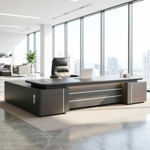 Executive Office Desk with Storage Cabinet,Modern l Shaped Executive Desk,50MM Thick Desktop for CEO Office, Reception & Commercial Workspace by Unknown