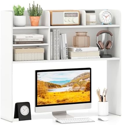 Desk Hutch, 37" Desktop Bookshelf with 6 Shelves, Wooden Desktop Organizer Display Rack with Adjustable Shelf, 3 Tier Desk Topper for College Dorm, Hutch Top Only by SILKYDRY