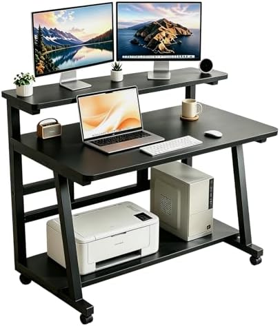 39.4 Inch Compact Rolling Computer Desk with Tier Worktable & Lockable Wheels, Small Computer Desk, Small Desk for Bedroom, Mobile Writing Workstation Easy Assembly for Home Office Small Spaces by HDOFM