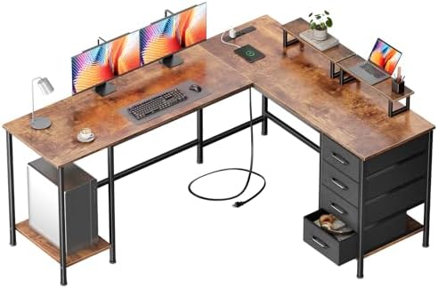 Korfile 66 inch L Shaped Computer Desk with Power Outlets, Rustic Brown by Korfile