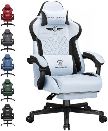 GTPLAYER Gaming Chair Fabric with Pocket Spring Cushion, High Back Ergonomic Computer Chair with Footrest for Adults Lumbar Support Swivel Game Chair for Office Gaming 350LBS, Light Blue by GTPLAYER