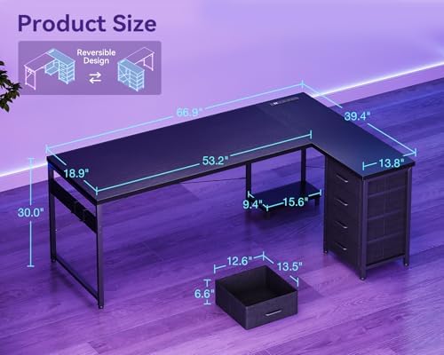 AODK 67" L Shaped Gaming Desk with 4 Drawers and Power Outlets, Black - Image 3