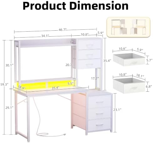 MUTUN 47 Inch Computer Gaming Desk with Hutch Power Outlet and LED Strip, Home Office Work Study Writing Desk with 6 Fabric Drawers and Storage for Bedroom, Escritorios para Computadoras, White - Image 3