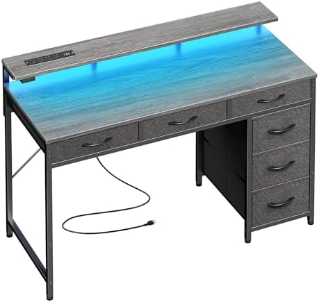 Huuger Gaming Desk with 6 Drawers, Computer Desk with LED Lights Power Outlets and Type-C, 39 Inch Office Desk with Storage, Monitor Stand, Writing & Work Desk for Home Office, Bedroom, Grey by Huuger