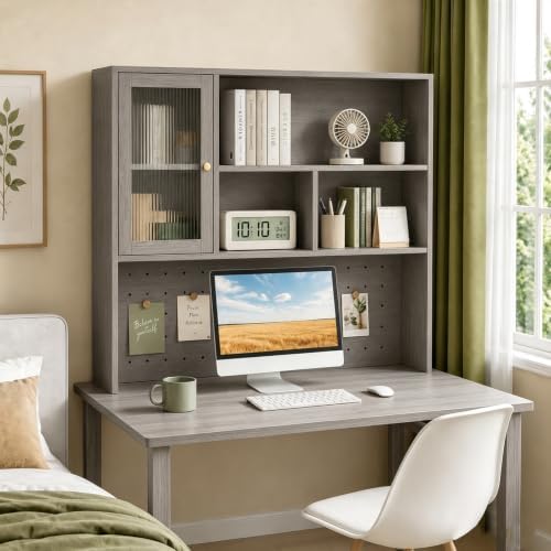LINLIUA Desktop Bookshelf, Desk Hutch Dorm with Pegboard, Desk Shelves for Top of Desk, Wood Desktop Storage Rack with Cabinet Door, Countertop Bookcase for Office Dorm Home Study by LINLIUA