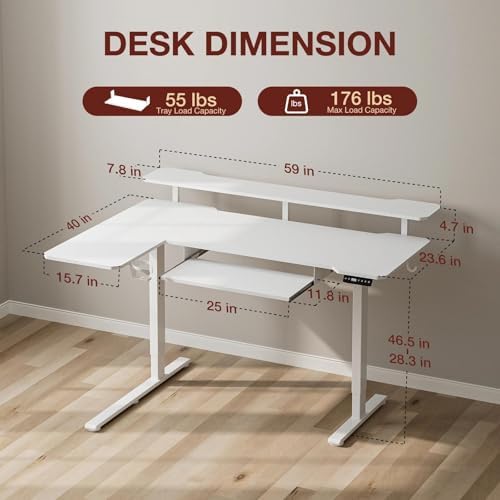 Acrolix 59" L Shaped Standing Desk with Shelves Keyboard Tray,White - Image 3
