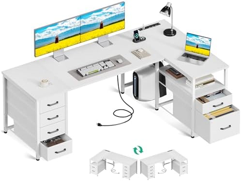 Coleshome 63 Inch L Shaped Office Desk with 6 Drawers, Power Outlet, White by Coleshome