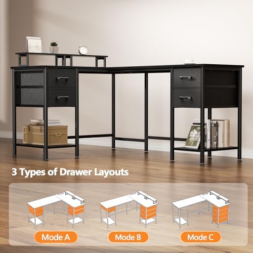 Korfile 59 inch L Shaped Computer Desk with Power Outlets, Black - Image 6