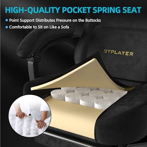 GTPLAYER Gaming Chair Fabric with Pocket Spring Cushion, Big and Tall Gamings Chairs 350LBS High Back Computer Chair with Footrest for Adults Lumbar Support Swivel Game Chair for Office Light Black - Image 3