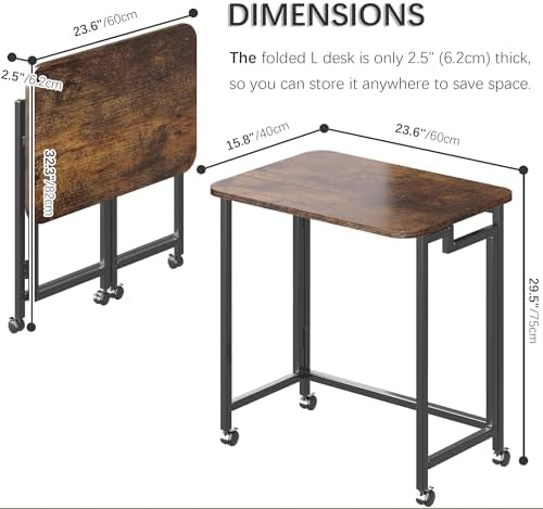 4NM 23.6" Mobile Small Rolling Computer Desk, Folding Laptop Cart Table with Wheels, Portable Office Desk for Small Space Couch Bed - Rustic Brown and Black - Image 3