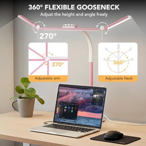 LED Desk Lamp for Home Office with Base, 28.2" Adjustable Gooseneck Swing Arm Bright Desk Light, Dimmable Architect Table Lamp for Desktop Computer Light, Reading, Study, Workbench（Pink） - Image 4