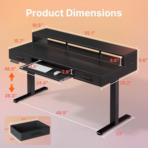 HUANUO 55″ X 26″ Electric Standing Desk with 2 Drawers &24.4″ Large Keyboard Tray, C-Clamp Mount Compatible, Adjustable Computer Desk for Office, Sit Stand Up Desk with 4 Height Presets, Black - Image 2
