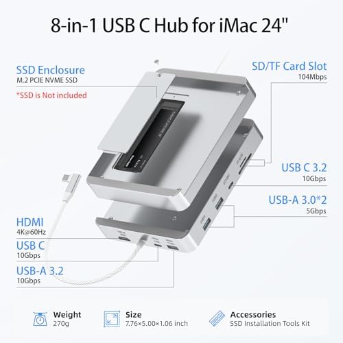 USB-C Hub 8-in-1 for 24” iMac 2021/2023/2024 – iMac Dock with M.2 SSD Slot, 10Gbps USB-C/A, SD/TF, HDMI – iMac Accessories for M1 M3 M4 - Image 2
