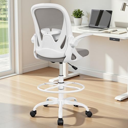 Ergonomic Drafting Chair with Flip-Up Armrests & Adjustable Footrest – Tall Office Chair for Standing Desks, Lumbar Support, Gray – Home & Office Comfort - Image 2