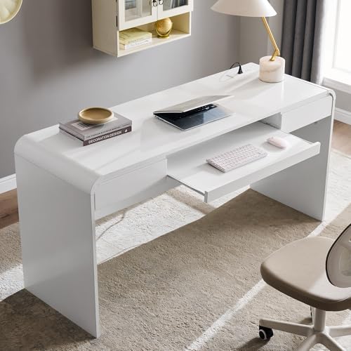 63" Modern Computer Desk with 2 Drawers, Wood Curved (White) by ALLTUFOYourDailyEssential