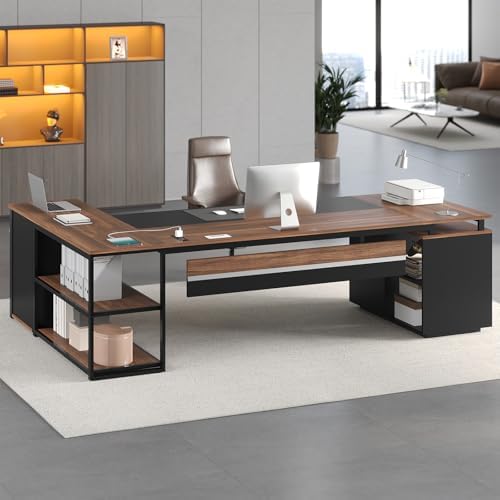 78" Executive Desk with Lockable File Cabinet, L Shaped Office Desk with Power Outlets, Large Executive Desk with Drawers and Storage Shelves , Reversible Computer Desk with Privacy Screen, Walnut - Image 6