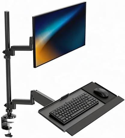 Mount-It! Sit-Stand Monitor Arm Desk Mount with Keyboard Tray, Single Monitor Fits Up to 32”, Height Adjustable Gas Spring, Full Motion Articulating Arm, Clamp or Grommet, Black by Mount-It