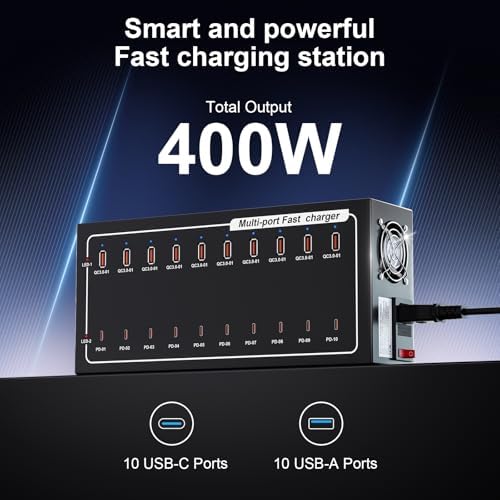 20-Port Fast Charging Station 400W, USB C and USB A Charger Dock with Smart Power Distribution Technology，for Multiple Devices, PD/QC Fast Charging Support - Image 3