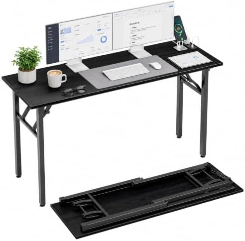 Folding Table Computer Desk - 55.1" No Assembly Folding Desk with Power Outlets & USB Charging Port, Small Desk, Foldable Office Desk, Compact Storage Portable Use for Small Space, Dark Oak by HMFOR