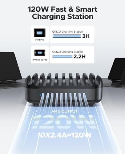 ORICO 10-Port Charging Station, 120W Max Output USB Charger Dock, Black - Image 2