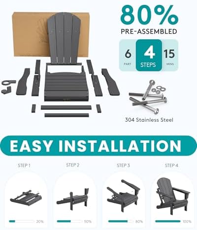SERWALL Folding Adirondack Chair with Cup Holder Set of 6,Patio Chairs-Gray - Image 6