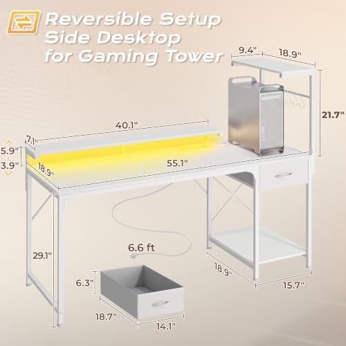 PRAISUN 55.1 Inch Gaming Desk with LED Lights & Power Outlets - Image 3