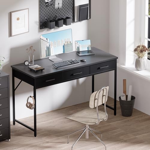 Pamray 47 Inch Small Computer Desk with 3 Drawers for Bedroom Study Writing Home Office Table for Small Spaces Grey - Image 2