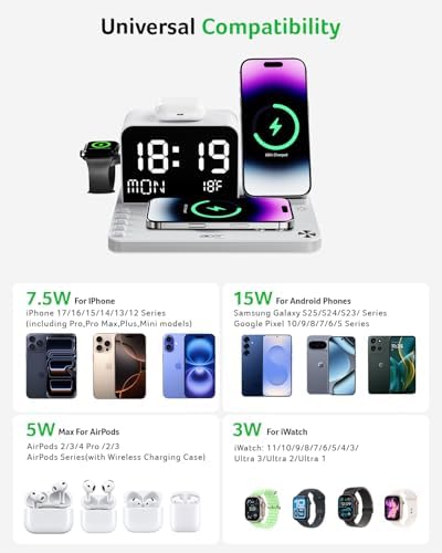 Acer 7-in-1 Wireless Charging Station with LED Clock - 30W Fast Wireless Charger for iPhone 16/15/14/13/12/Pro Max, Apple Watch, AirPods - Bluetooth Auto Time Sync & Night Lights (White) - Image 3
